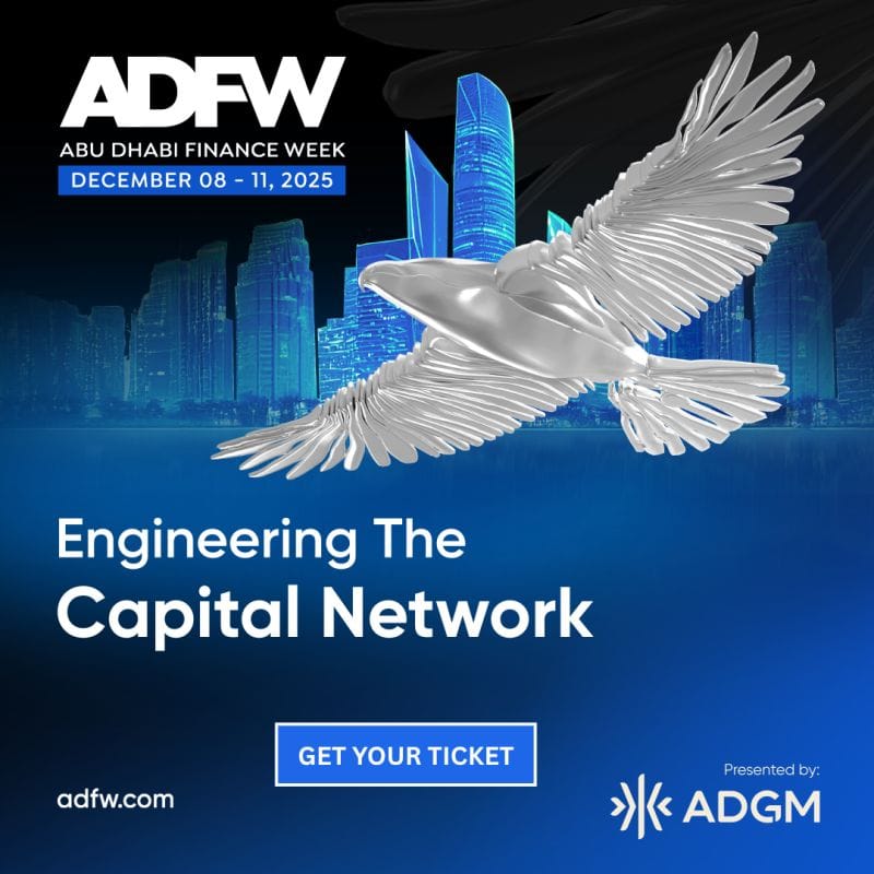 bird flying over Abu Dhabi with ADFW event dates reading "Capital network"